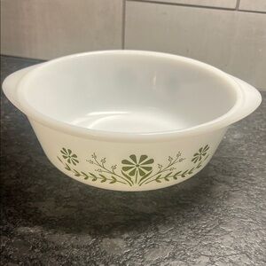 Vintage Glassbake Daisy or Primrose Pattern White and Green Mixing Bowl 1-1/2 qt
